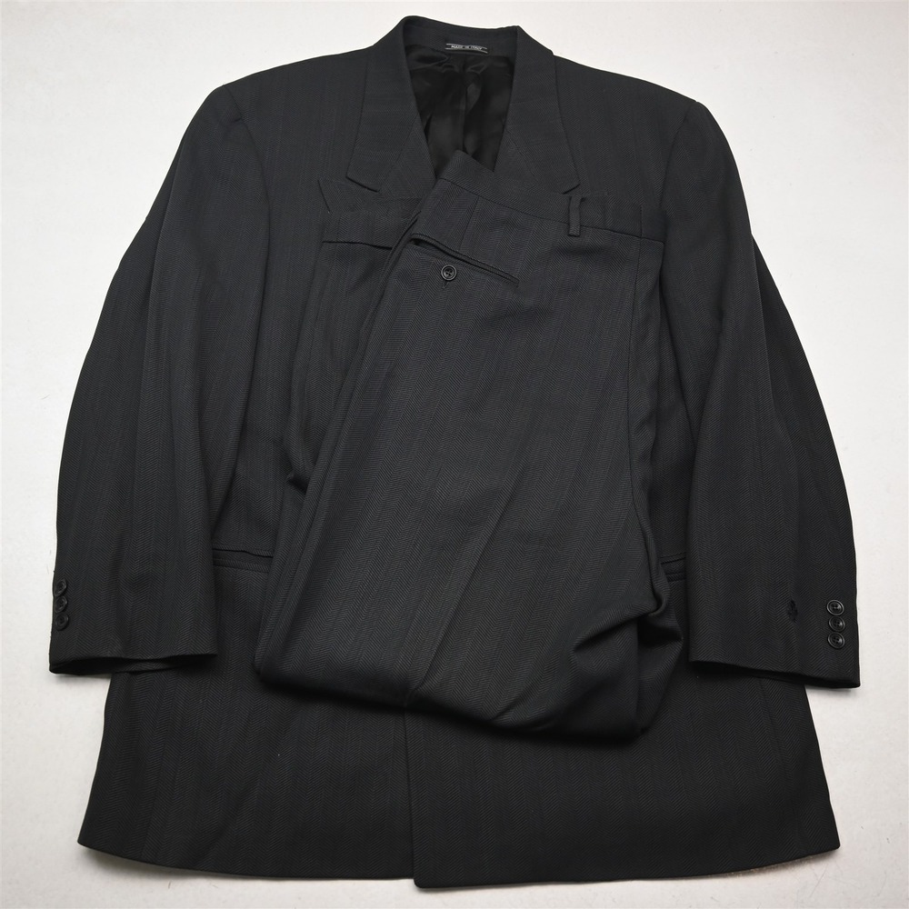 Vtg Italy Double Breasted 42S 36x30 Green Trabaldo Herringbone Wool Mens Suit